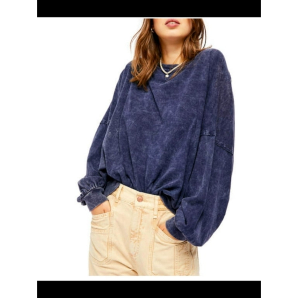 FREE PEOPLE Womens Navy Denim Acid Wash Long Sleeve Crew